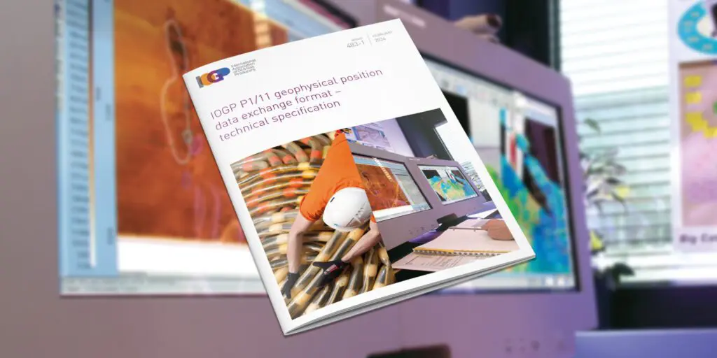 The IOGP P1/11 data exchange format is used industry-wide for geophysical positioning data, addressing the challenges of complex modern seismic acquisition.
